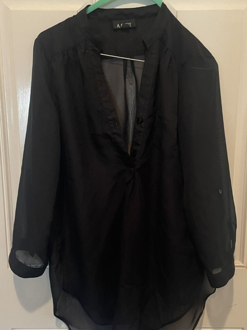 A. Byer women's size L sheer top black long sleeve v-neck EUC